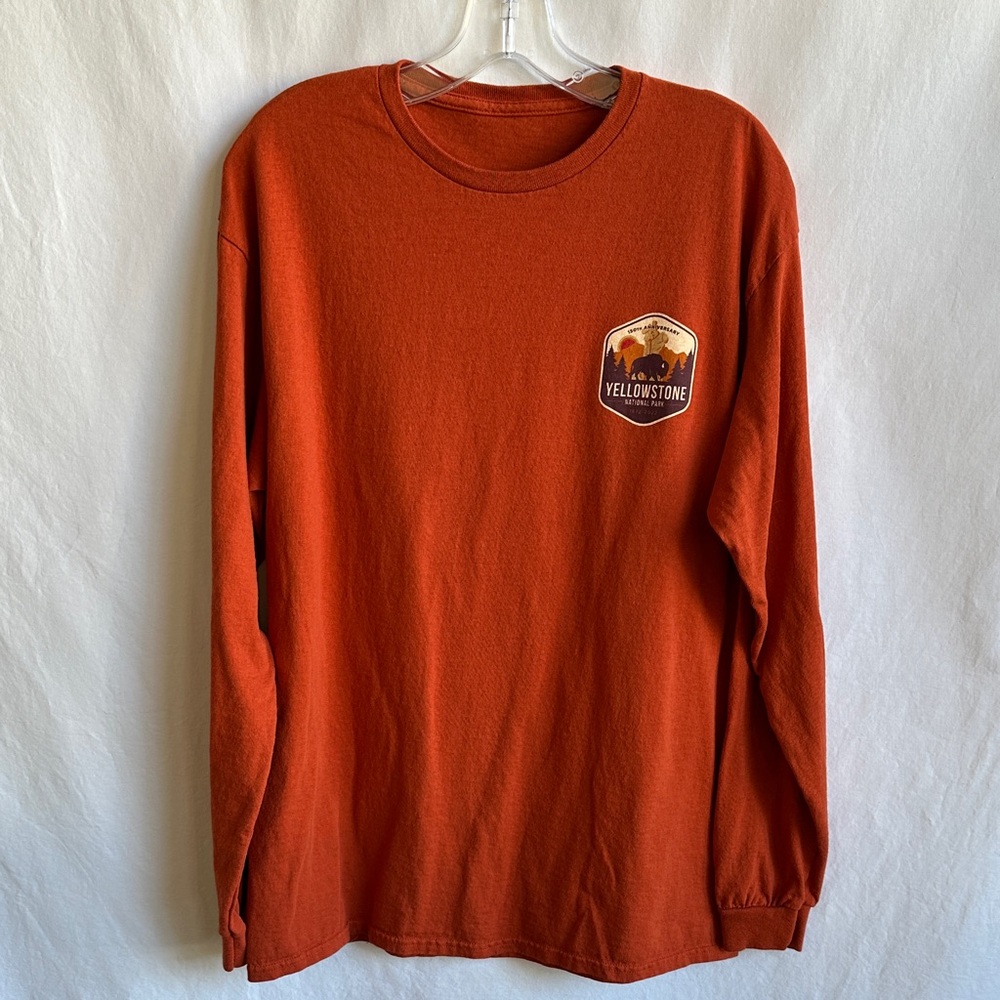 Yellowstone National Park 150th anniversary long-sleeve rust-orange tee, size L